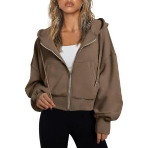imageTrendy Queen Hoodies for Women Full Zip Up Cropped Sweatshirts Jackets Casual Comfy Gym Tops Fall Outfits Winter Clothes 2025Lightcoffee