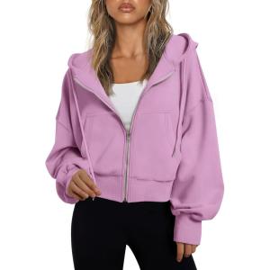 imageTrendy Queen Hoodies for Women Full Zip Up Cropped Sweatshirts Jackets Casual Comfy Gym Tops Fall Outfits Winter Clothes 2025Pinkpurple