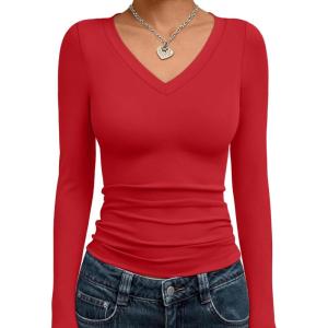 imageTrendy Queen Long Sleeve Shirts for Women 2025 Fall Fashion V Neck Basics Crop Tops Slim Fitted Y2K Tops Outfits ClothesRed