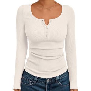 imageTrendy Queen Long Sleeve Shirts for Women Henley Ribbed Fall Tops Dressy Business Casual Teen Girl Winter Cute Basic TeesBeige
