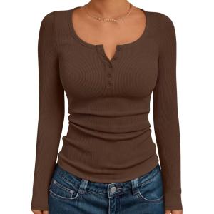 imageTrendy Queen Long Sleeve Shirts for Women Henley Ribbed Fall Tops Dressy Business Casual Teen Girl Winter Cute Basic TeesBrown