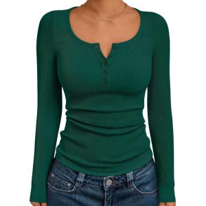 imageTrendy Queen Long Sleeve Shirts for Women Henley Ribbed Fall Tops Dressy Business Casual Teen Girl Winter Cute Basic TeesGreen