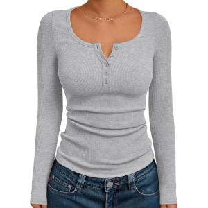 imageTrendy Queen Long Sleeve Shirts for Women Henley Ribbed Fall Tops Dressy Business Casual Teen Girl Winter Cute Basic TeesHeather Grey