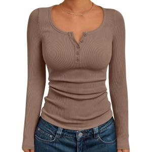 imageTrendy Queen Long Sleeve Shirts for Women Henley Ribbed Fall Tops Dressy Business Casual Teen Girl Winter Cute Basic TeesKhaki