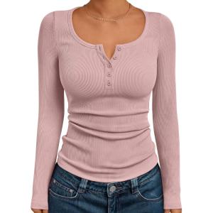 imageTrendy Queen Long Sleeve Shirts for Women Henley Ribbed Fall Tops Dressy Business Casual Teen Girl Winter Cute Basic TeesPink