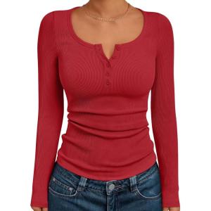 imageTrendy Queen Long Sleeve Shirts for Women Henley Ribbed Fall Tops Dressy Business Casual Teen Girl Winter Cute Basic TeesRed