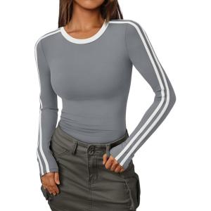 imageTrendy Queen Long Sleeve Workout Tops for Women Y2K Fitted Athletic Gym Shirt Trendy Color Block 2025 Fall OutfitsGray