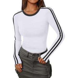 imageTrendy Queen Long Sleeve Workout Tops for Women Y2K Fitted Athletic Gym Shirt Trendy Color Block 2025 Fall OutfitsWhite