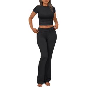 imageTrendy Queen Lounge Sets For Women 2 Piece Casual Y2K Outfits Short Sleeve Cropped Tops Fold Over Flare Pants Tracksuits Black S
