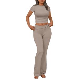 imageTrendy Queen Lounge Sets For Women 2 Piece Casual Y2K Outfits Short Sleeve Cropped Tops Fold Over Flare Pants Tracksuits CoffeeGrey M