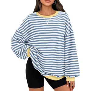 imageTrendy Queen Oversized Sweatshirt for Women 2025 Fall Crewneck Striped Long Sleeve Shirts Hoodies Cute Top Y2K OutfitsBluewhite