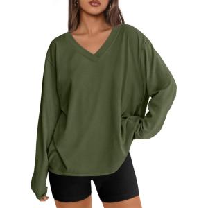 imageTrendy Queen Oversized Tshirts for Women Workout Plus Size Gym Tops V Neck Long Sleeve T Shirts Spring Casual Basic TeesArmy Green