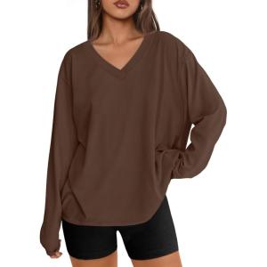 imageTrendy Queen Oversized Tshirts for Women Workout Plus Size Gym Tops V Neck Long Sleeve T Shirts Spring Casual Basic TeesCoffee
