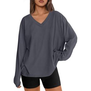 imageTrendy Queen Oversized Tshirts for Women Workout Plus Size Gym Tops V Neck Long Sleeve T Shirts Spring Casual Basic TeesDeep Grey