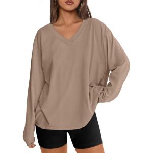 imageTrendy Queen Oversized Tshirts for Women Workout Plus Size Gym Tops V Neck Long Sleeve T Shirts Spring Casual Basic TeesKhaki