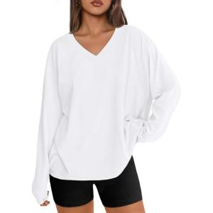 imageTrendy Queen Oversized Tshirts for Women Workout Plus Size Gym Tops V Neck Long Sleeve T Shirts Spring Casual Basic TeesWhite