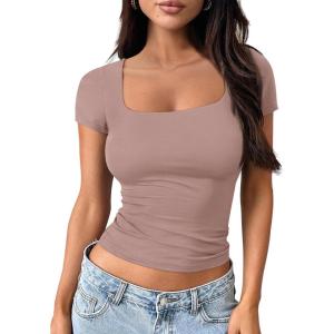 imageTrendy Queen Tshirts Shirts for Women Double Lined Going Out Crop Tops 2025 Spring Summer Workout Y2k Clothes Beach FashionCoffeegrey