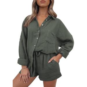imageTrendy Queen Two Piece Sets For Women Summer Short Sets Beach Vcation Lounge Pajama 2 Piece Spring Outfits Fashion 2025Armygreen