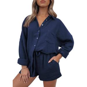 imageTrendy Queen Two Piece Sets For Women Summer Short Sets Beach Vcation Lounge Pajama 2 Piece Spring Outfits Fashion 2025Navyblue