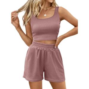 imageTrendy Queen Two Piece Summer Outfits 2 Piece Sets 2025 Sleeveless Matching Lounge Crop Top High Waisted ShortDarkpink