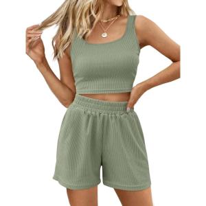 imageTrendy Queen Two Piece Summer Outfits 2 Piece Sets 2025 Sleeveless Matching Lounge Crop Top High Waisted ShortGreen