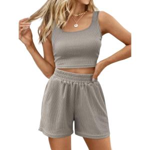 imageTrendy Queen Two Piece Summer Outfits 2 Piece Sets 2025 Sleeveless Matching Lounge Crop Top High Waisted ShortGrey