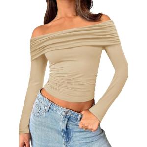 imageTrendy Queen Women Long Sleeve Shirts Off Shoulder Tops Going Out Crop Sexy Slim Fitted Y2K Fall Outfits 2025 Fashion ClothesApricot