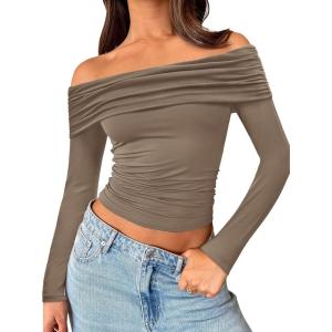 imageTrendy Queen Women Long Sleeve Shirts Off Shoulder Tops Going Out Crop Sexy Slim Fitted Y2K Fall Outfits 2025 Fashion ClothesCoffeegrey