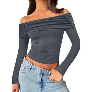 imageTrendy Queen Women Long Sleeve Shirts Off Shoulder Tops Going Out Crop Sexy Slim Fitted Y2K Fall Outfits 2025 Fashion ClothesGrey
