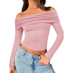 imageTrendy Queen Women Long Sleeve Shirts Off Shoulder Tops Going Out Crop Sexy Slim Fitted Y2K Fall Outfits 2025 Fashion ClothesPink