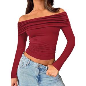 imageTrendy Queen Women Long Sleeve Shirts Off Shoulder Tops Going Out Crop Sexy Slim Fitted Y2K Fall Outfits 2025 Fashion ClothesRed