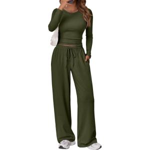 imageTrendy Queen Womens 2 Piece Matching Lounge Set Long Sleeve Slightly Crop Top Wide Leg Pants Casual SweatsuitArmy Green