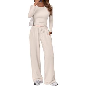 imageTrendy Queen Womens 2 Piece Matching Lounge Set Long Sleeve Slightly Crop Top Wide Leg Pants Casual SweatsuitBeige