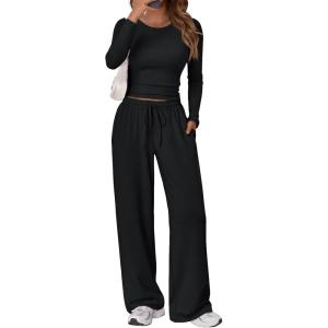 imageTrendy Queen Womens 2 Piece Matching Lounge Set Long Sleeve Slightly Crop Top Wide Leg Pants Casual SweatsuitBlack