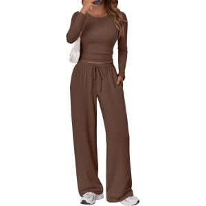imageTrendy Queen Womens 2 Piece Matching Lounge Set Long Sleeve Slightly Crop Top Wide Leg Pants Casual SweatsuitCocoa