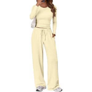 imageTrendy Queen Womens 2 Piece Matching Lounge Set Long Sleeve Slightly Crop Top Wide Leg Pants Casual SweatsuitCreamy Yellow