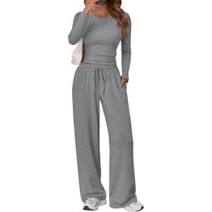 imageTrendy Queen Womens 2 Piece Matching Lounge Set Long Sleeve Slightly Crop Top Wide Leg Pants Casual SweatsuitDark Heather Grey