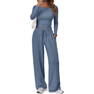 imageTrendy Queen Womens 2 Piece Matching Lounge Set Long Sleeve Slightly Crop Top Wide Leg Pants Casual SweatsuitDusty Blue