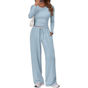 imageTrendy Queen Womens 2 Piece Matching Lounge Set Long Sleeve Slightly Crop Top Wide Leg Pants Casual SweatsuitLight Blue