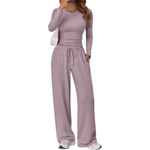imageTrendy Queen Womens 2 Piece Matching Lounge Set Long Sleeve Slightly Crop Top Wide Leg Pants Casual SweatsuitLilac