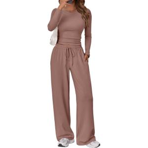 imageTrendy Queen Womens 2 Piece Matching Lounge Set Long Sleeve Slightly Crop Top Wide Leg Pants Casual SweatsuitMauve Rose