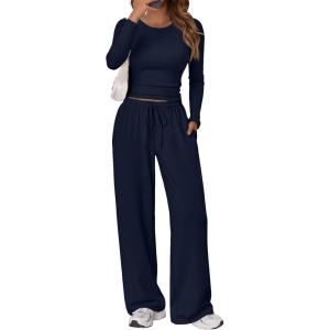 imageTrendy Queen Womens 2 Piece Matching Lounge Set Long Sleeve Slightly Crop Top Wide Leg Pants Casual SweatsuitNavy