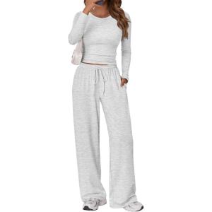 imageTrendy Queen Womens 2 Piece Matching Lounge Set Long Sleeve Slightly Crop Top Wide Leg Pants Casual SweatsuitOatmeal Grey