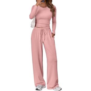 imageTrendy Queen Womens 2 Piece Matching Lounge Set Long Sleeve Slightly Crop Top Wide Leg Pants Casual SweatsuitPeach
