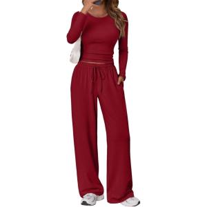 imageTrendy Queen Womens 2 Piece Matching Lounge Set Long Sleeve Slightly Crop Top Wide Leg Pants Casual SweatsuitRed