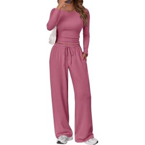 imageTrendy Queen Womens 2 Piece Matching Lounge Set Long Sleeve Slightly Crop Top Wide Leg Pants Casual SweatsuitRose