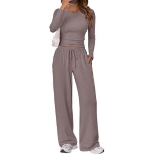 imageTrendy Queen Womens 2 Piece Matching Lounge Set Long Sleeve Slightly Crop Top Wide Leg Pants Casual SweatsuitRose Taupe