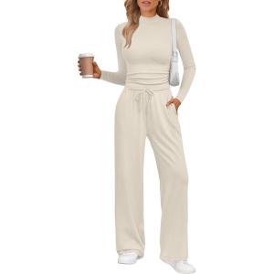 imageTrendy Queen Womens 2 Piece Matching Lounge Set Mock Turtleneck Top Wide Leg Pants Casual Sweatsuit with PocketsApricot