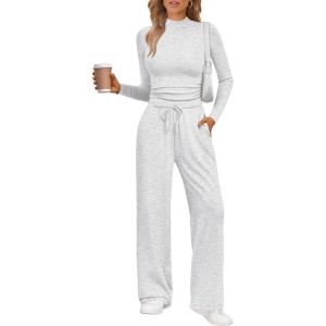imageTrendy Queen Womens 2 Piece Matching Lounge Set Mock Turtleneck Top Wide Leg Pants Casual Sweatsuit with PocketsLight Grey