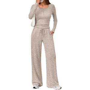imageTrendy Queen Womens 2 Piece Matching Lounge Sets Fall Fashion Outfits Henley Neck Sweater Top Wide Leg Pants Sweat SuitsKhaki